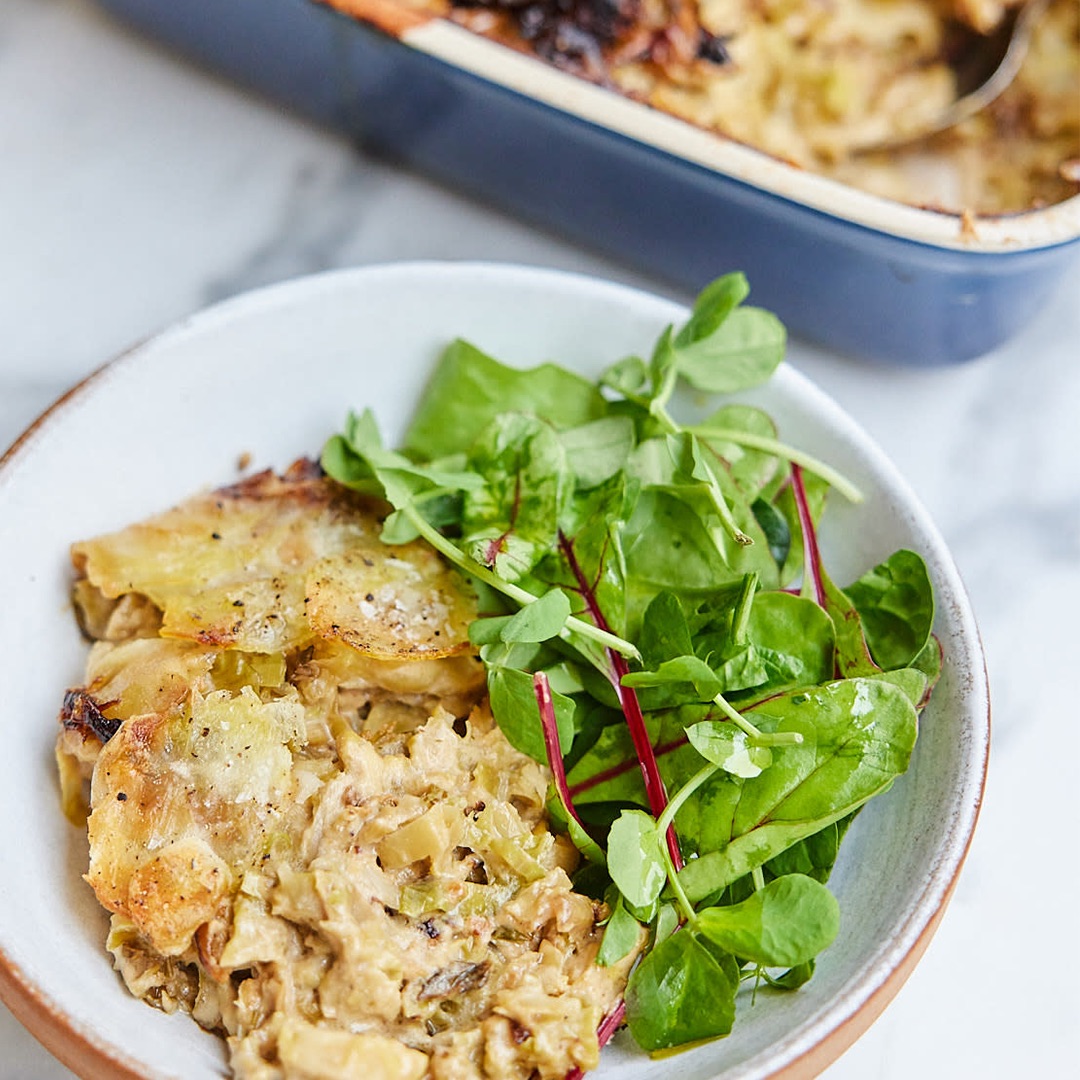 Cremiges Kartoffel-Rosenkohl-Lauch-Gratin