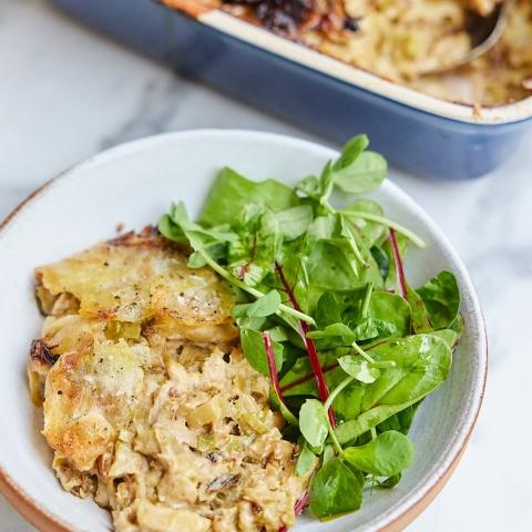Cremiges Kartoffel-Rosenkohl-Lauch-Gratin